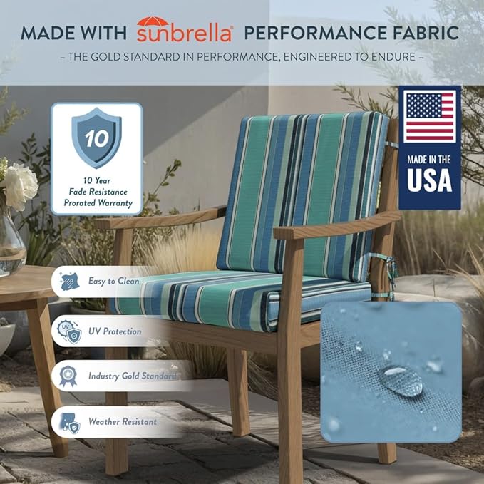 California Umbrella Outdoor Dining Chair, Set of 4 Patio Seat Cushions, 20 x 40 Inch, Premium Outdoor Memory Foam, Fade Resistant, Sunbrella Fabric, Fabric Ties, Dolce Oasis