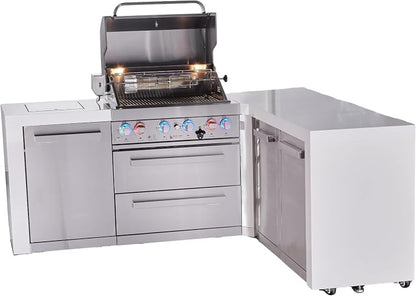 Mont Alpi Deluxe 82"W x 75"D x 46"H L-shaped Stainless Steel Outdoor Kitchen Island with Side Burner + 32"W 4-Burner BBQ Grill + White Granite Countertops & Sides + Storage Cabinets + Drawers + Cover
