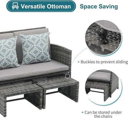 OC Orange-Casual Patio Furniture Set,3 Pieces Outdoor Wicker Conversation Loveseat with Ottomans for Porch, Gray Rattan Light Gray Cushions