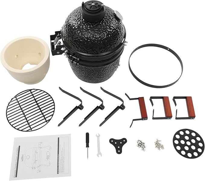 13 Inch Ceramic Charcoal Grill, Portable Kamado Style BBQ with 50-800°F Temperature Range, with Bamboo Handles and Spring Hinge 12.6” Grilling Grate for Outdoor Patio Camping Picnic, Black