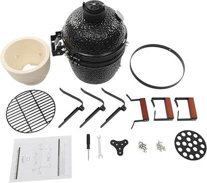 13 Inch Ceramic Charcoal Grill, Portable Kamado Style BBQ with 50-800°F Temperature Range, with Bamboo Handles and Spring Hinge 12.6” Grilling Grate for Outdoor Patio Camping Picnic, Black