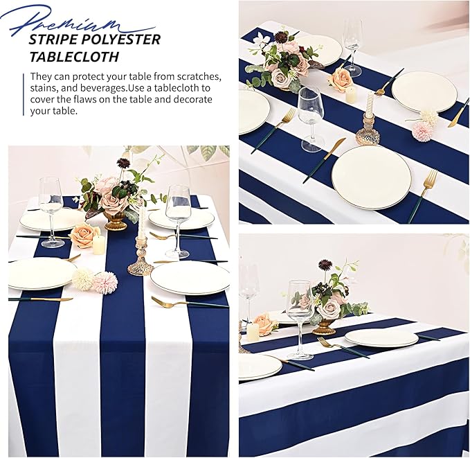 2 Pack Blue and White Striped Rectangular Tablecloth, 54x108inch Polyester Fabric, Washable, For Afternoon Tea, Birthday Party, Picnic, Barbecue, Indoor Outdoor Dining