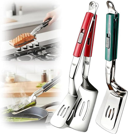 2 Pcs Spatula Tongs, 2026 Upgraded 2-in-1 Stainless Steel Grill Clamp Spatula,Heavy Duty Cooking Tongs with Anti-Scald Locking Handle, 304 Food-Grade Double Spatula for BBQ, Frying, Camping