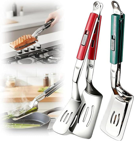 2 Pcs Spatula Tongs, 2026 Upgraded 2-in-1 Stainless Steel Grill Clamp Spatula,Heavy Duty Cooking Tongs with Anti-Scald Locking Handle, 304 Food-Grade Double Spatula for BBQ, Frying, Camping