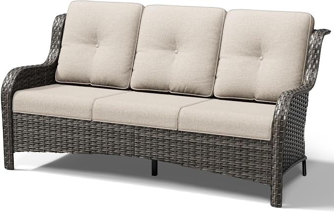 Joyside Outdoor Patio Couch, 3 Seater Outdoor Wicker Sofa with High Back, Deep Seating, Wide Armrest, Thickened Cushions, Patio Sofa for Deck, Porch Use