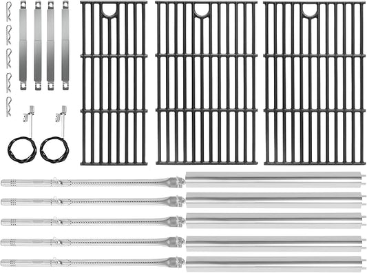 Grill Replacement for Charbroil Performance 5-Burner Gas Grills 463448021 463449021 463455021 463458021, 17" Cast Iron Cooking Grates, Stainless Steel Heat Plates, Burner Tubes & Igniters Parts Kit