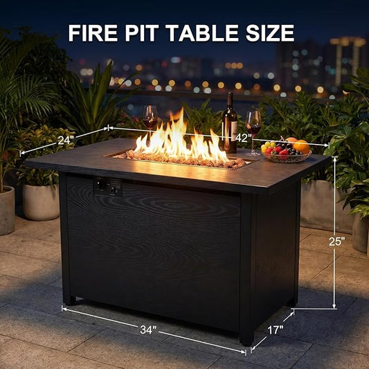 42" Propane Fire Pit, Outdoor Wicker Fire Pit Tables Rectangular Tabletop with Lid and Blue Fire Glass, 50000 BTU w/CSA-Certified, Glass Wind Guard and Tables for Outside Patio, Backard (Black)