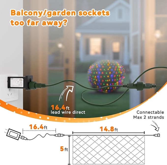 LitHome 14.8FT x 5FT Christmas Net Lights Outdoor Mesh Lights Connectable | 8 Modes 300 LED Multicolor Net Light Green Wire, Waterproof Giant Christmas Mesh Light for Bushes Garden Yard Party Decor