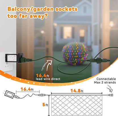 LitHome 14.8FT x 5FT Christmas Net Lights Outdoor Mesh Lights Connectable | 8 Modes 300 LED Multicolor Net Light Green Wire, Waterproof Giant Christmas Mesh Light for Bushes Garden Yard Party Decor