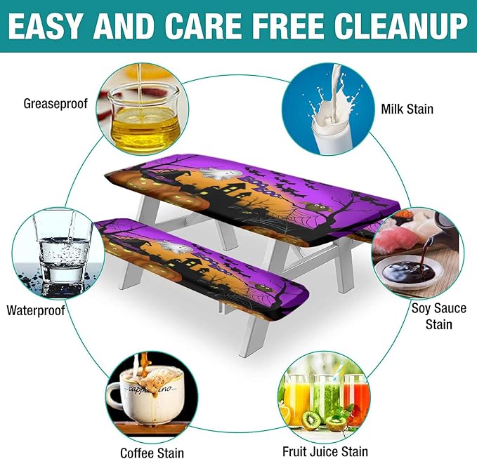 Halloween Picnic Table and Bench Fitted Tablecloth Cover, Pumpkins Ghost Waterproof Table Cover, 28x72 Inch, 3 Pieces Set, Outdoor Fitted Tablecloth for Camping Patio Park, Purple Orange