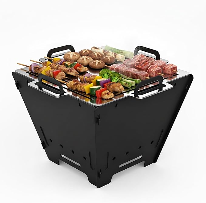 2 IN 1 BBQ Charcoal Grill & Fire Pit,15" Detachable Fire Pit, Portable Yakitori Hibachi Grill, Barbecue Stove for Camping Picnic Patio Backyard Tailgating, GS356