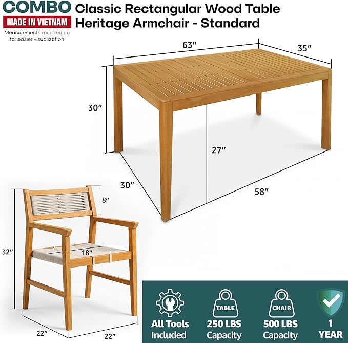 Acacia 7 Pieces Outdoor Dining Set for 6-Person, 63" L Classic Rectangular Table & 6 Handwoven Rope Chairs - Eucalyptus Grandis Solid Wood, Weather Resistant Patio Furniture Set, Natural