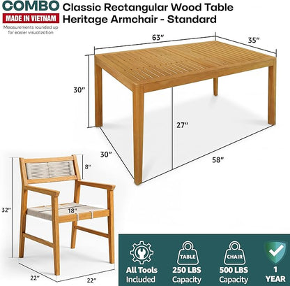 Acacia 7 Pieces Outdoor Dining Set for 6-Person, 63" L Classic Rectangular Table & 6 Handwoven Rope Chairs - Eucalyptus Grandis Solid Wood, Weather Resistant Patio Furniture Set, Natural