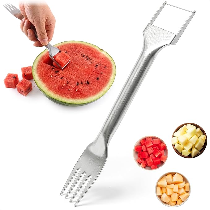 Stainless Steel Watermelon Cutter Slicer Tool 2-in-1, Precise Chunks | Watermelon Slicer Tool & Serving Fork in One; Slices Cubes Mess-Free; for Melon, Cantaloupe & Dragon Fruit; Summer Parties