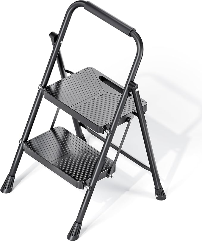 KINGRACK 2 Step Ladder, Folding Step Stool with Anti-Slip Pedals | Heavy Sturdy Steel ladder with Handrail, Safe-Lock Design, Multi-Purpose, Home, Kitchen, Pass 500lbs Load Testing, Black
