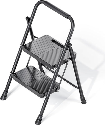 KINGRACK 2 Step Ladder, Folding Step Stool with Anti-Slip Pedals | Heavy Sturdy Steel ladder with Handrail, Safe-Lock Design, Multi-Purpose, Home, Kitchen, Pass 500lbs Load Testing, Black