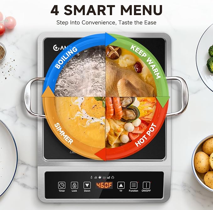 AMZCHEF 1800W Induction Cooktop Commercial: Large 8" Heating Coil Induction Burner with 20 Power & Temperature Levels, Induction Hot Plate with 4 Smart Functions, Induction Stove for Home & Commercial