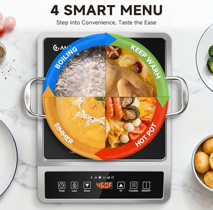 AMZCHEF 1800W Induction Cooktop Commercial: Large 8" Heating Coil Induction Burner with 20 Power & Temperature Levels, Induction Hot Plate with 4 Smart Functions, Induction Stove for Home & Commercial