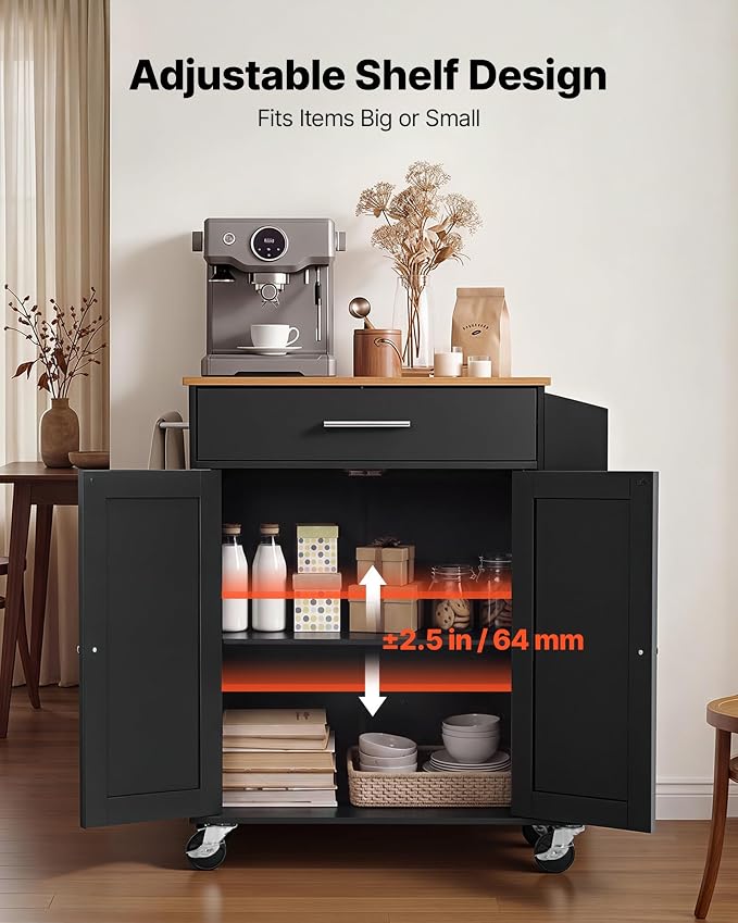 VEVOR Kitchen Island Cart with Storage, 31.3 in Wide Mobile Rolling Storage Island on Swivel Wheels, with Drawer, Storage Cabinet, Spice/Towel Rack, Table for Home Dining Room, Black