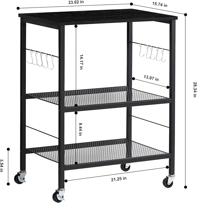 LIANTRAL Rolling Cart, 3-Tier Microwave Cart Kitchen Storage On Wheels | Black Utility Cart for Bar Coffee Large Side End Table Nightstand for Home Office