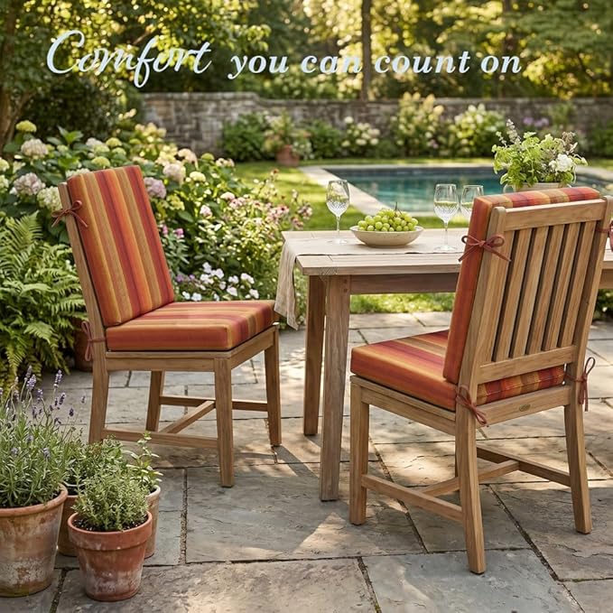 California Umbrella Outdoor Dining Chair, Set of 2 Patio Seat Cushions, 20 x 40 Inch, Premium Outdoor Memory Foam, Fade Resistant, Sunbrella Fabric, Fabric Ties, Astoria Sunset