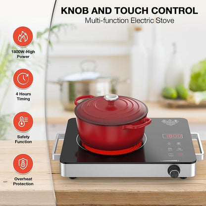 Electric Cooktop, Portable Electric Cooktop 1800W Single Burner Stove 110V with Plug, Hot Plate Countertop, Child Safety Lock, Timer, Infrared Burner,Touch and Knob Control