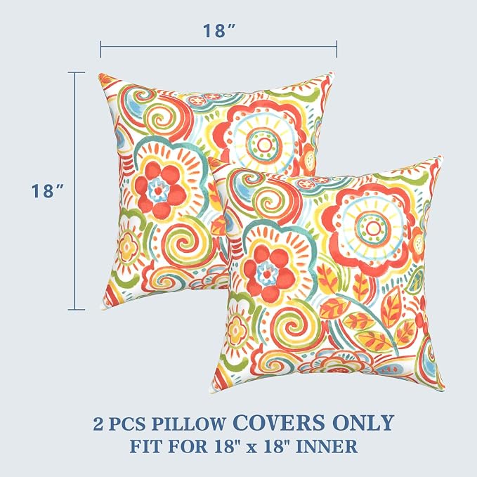 LVTXIII 2 Pack Outdoor Pillow Covers ONLY 18x18 Inch, Water-Repellent Square Decorative Cushion Covers for Patio Furniture, Garden, Sofa, Flower Multi