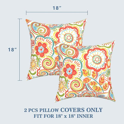 LVTXIII 2 Pack Outdoor Pillow Covers ONLY 18x18 Inch, Water-Repellent Square Decorative Cushion Covers for Patio Furniture, Garden, Sofa, Flower Multi