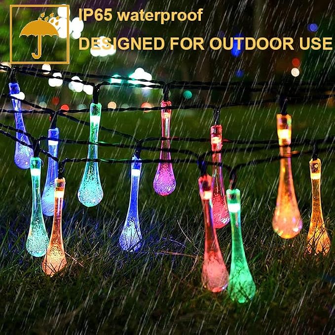 Solar Lights, Outdoor 21FT 30 LED Multicolor Water Drop Fairy Lights | Waterproof solar water fairy string lights with 8 modes auto on/off, decor for garden, patio, yard, tree, wedding