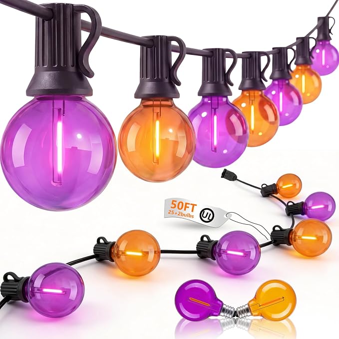 LED Outdoor Halloween Lights, 50FT 25 G40 Orange Purple Globe String Lights | Plug in, Dimmable, IP65 Waterproof, Hanging Outdoor Halloween Decorations Patio Lights for Porch Backyard Garden Party Decor