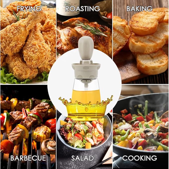 Oil Dispenser Bottle with Brush - 2 IN 1 Glass Olive Oil Storage and Container with Silicone Basting Brush for Kitchen BBQ Grilling Baking and Cooking, T-OB22, Grey