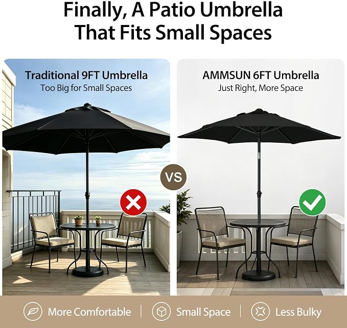 AMMSUN 6FT Patio Umbrella, Outdoor Table Umbrella with Push Button Tilt | UPF50+ Sun Protection and Water-Resistant Fabric, Premium Steel Pole and Ribs, Height-Adjustable and Push-Button Tilt