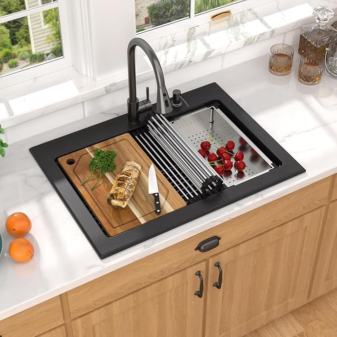 Granite Composite Kitchen Sink - 30 Inch Matte Black Granite Kitchen Sink Drop In Topmount Workstation Quartz Single Bowl Sinks All-In One, 30"x22" #TLGT-124
