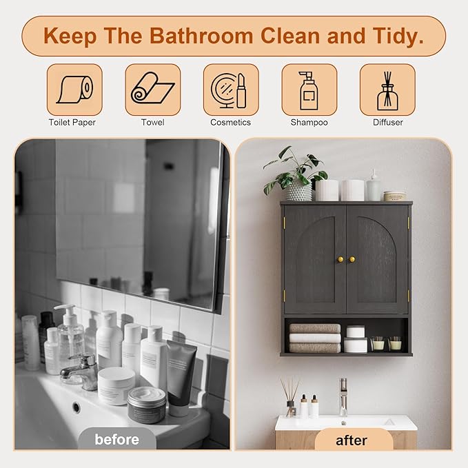 Medicine Cabinet, Over Toilet Storage Cabinet, Bathroom Wall Cabinet with Arched Doors & Adjustable Shelves, Wall Mounted Cabinet with Open Shelf for Bathroom Over Toilet Restroom, Black