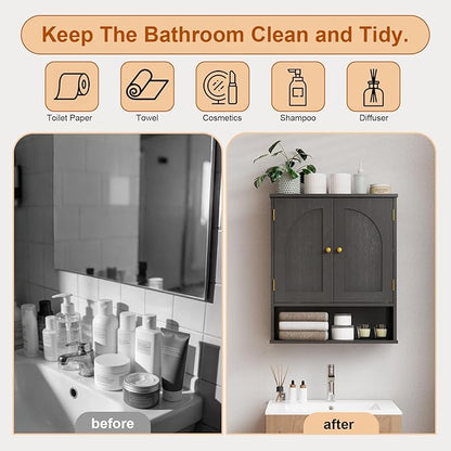 Medicine Cabinet, Over Toilet Storage Cabinet, Bathroom Wall Cabinet with Arched Doors & Adjustable Shelves, Wall Mounted Cabinet with Open Shelf for Bathroom Over Toilet Restroom, Black