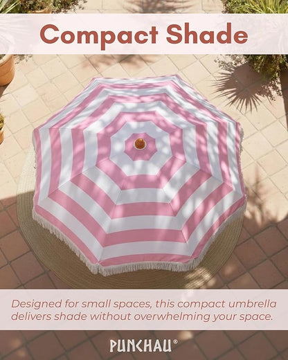 6 Ft Fringe Patio Umbrella - Outdoor Umbrella for Patio, Pool, Table, Garden, Deck, Beach, and Outdoors - Fashionable Boho Vintage Tassels & Wood Print - Push Button Tilt Pole