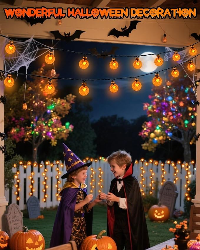 LORRYTE 2 Pack 64FT 100 LED Crystal Globe Solar Halloween Lights, Orange | Halloween String Lights Outdoor Waterproof, 8 Modes, Solar Powered Halloween Decorations for Outside Garden Patio Party Yard