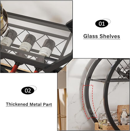 LVB Bar Cart with Glass, Black Bar Cart with Wheels, Home Bar Serving Cart | 2 Tier Glass Shelves Bar Cart with Storage, Wine Cart with Wine Rack, Liquor Cart for Kitchen, Bar, Dinning Room