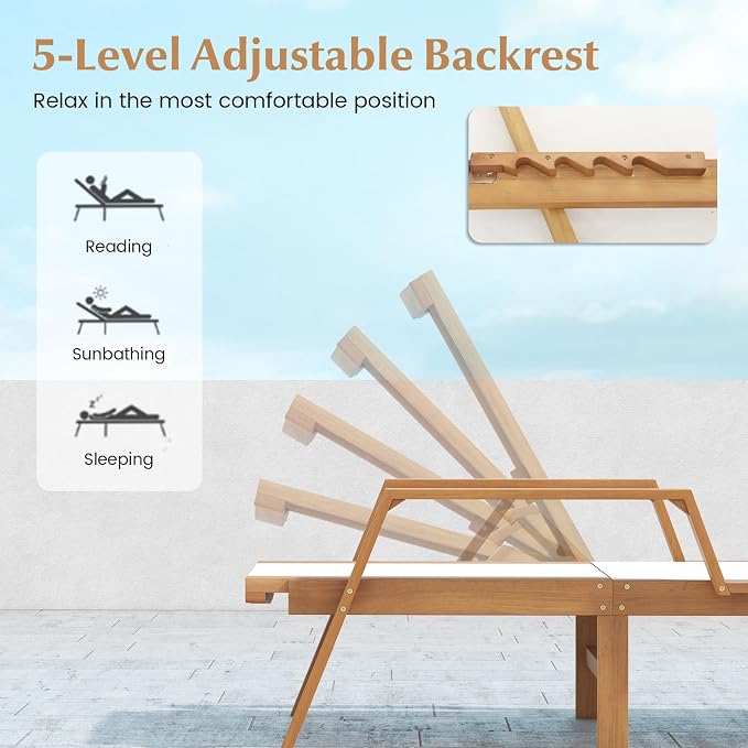 Tangkula Wood Chaise Lounge Chair Outdoor, Patio Sun Lounger with Adjustable Back, Acacia Wood Lounge Chair with Breathable Fabric for Poolside Lawn Backyard
