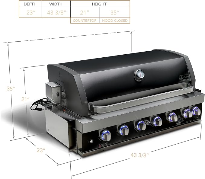 Mont Alpi Premium Black Stainless Steel Outdoor Kitchen Island 44"W 6-Burner Built-in BBQ Grill Head Set with Compact Glass Door Refrigerator + Charcoal Tray and Dual Sided Griddle Plate Combo Bundle