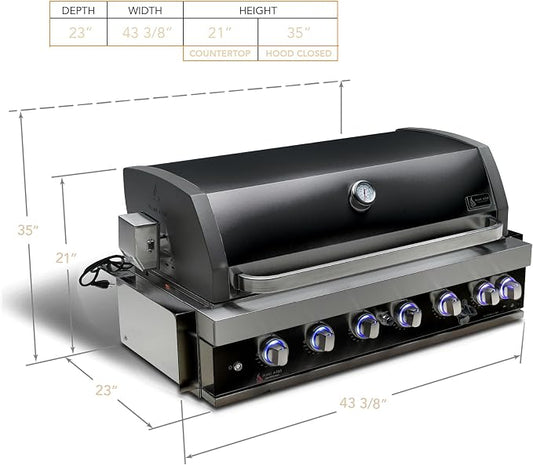 Mont Alpi Premium Black Stainless Steel Outdoor Kitchen Island 44"W 6-Burner Built-in BBQ Grill Head Set with Compact Glass Door Refrigerator + Charcoal Tray and Dual Sided Griddle Plate Combo Bundle