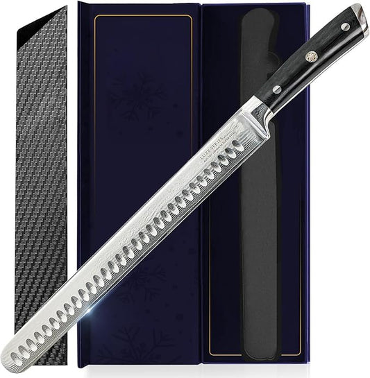 Luxury Brisket & Carving Knife - Thoughtful Gifts for Men and Dad - 12" Japanese AUS-10V Damascus Steel - 63+ HRC - Razor Sharp, Full Tang, Military Grade Ergonomic Handle
