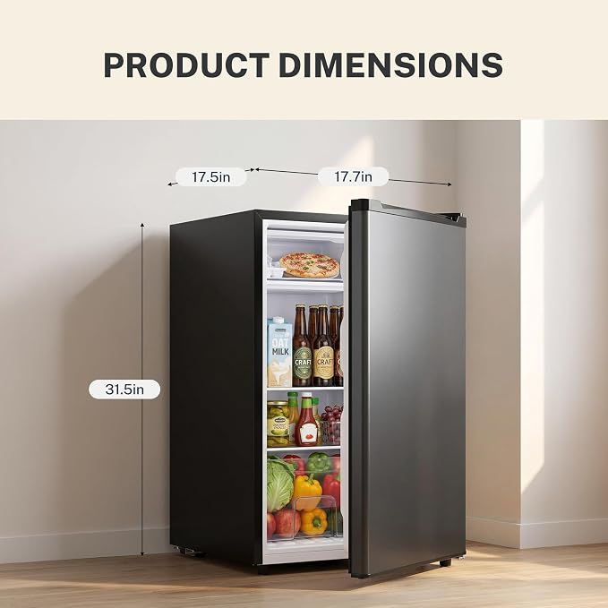 3.2 Cu.Ft Mini Fridge with Freezer, 1 Door Small Refrigerator with Adjustable Thermostat Energy-efficient Low Noise, Compact Fridge for Bedroom, Office, Dorm, Black