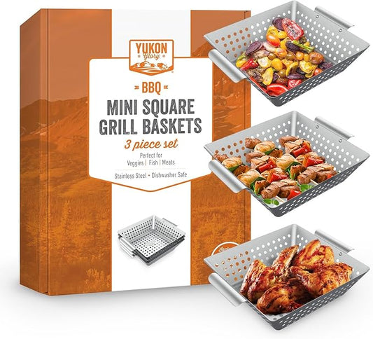 Yukon Glory™ Grilling Basket Set – 3-Piece 9x9x2 Stainless Steel Square Grill Baskets for Outdoor Grill – Perforated BBQ Grill Basket Perfect for Grilling Veggies, Seafood and Meats