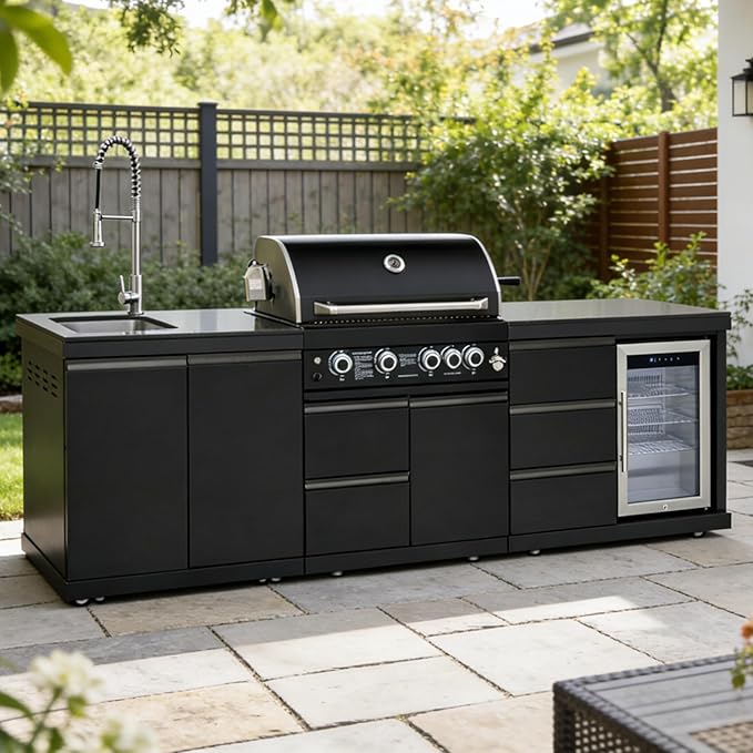 102" Outdoor Kitchen Island with Grill, 4-Burner 59,500 BTU Propane BBQ Island, Refrigerator, Sink with Trash Can Holder & 3-Drawer Cabinet, for Backyard and Patio Cooking, Black
