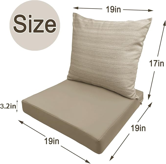 Bcareself Outdoor Deep Seat Cushion Set Waterproof & Fade Resistant Patio Furniture Cushions with Removable Cover Adjustable Straps Rain-Proof Seat Pad Back Cushion for Chair Sofa Porch 19 x 19 Beige