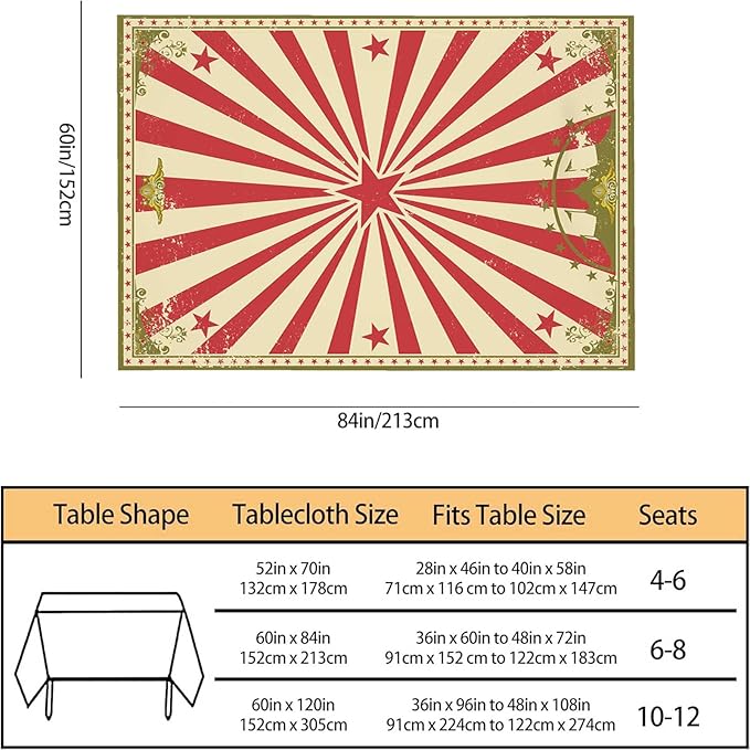 TKS MITLAN Vintage Circus Tablecloth 60x84 Inch Rectangular Carnival Red Stars Sunbeam Fun Performing Art Oblong Table Cloth Kitchen Table Decorations for Home Dinner Party