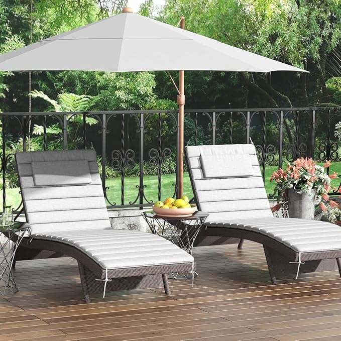 Sundale Outdoor Olefin Quilted Lounge Cushion Set of 2, Patio Foldable Chaise Lounger Cushion, Water-Resistant Lounge Chair Pad with Straps Light Gray, 80 x 26 inches