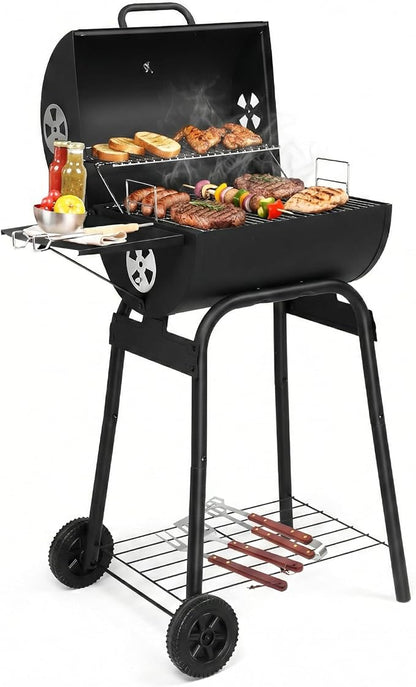Charcoal Grill Outdoor BBQ Smoker, 33.8 Inch Barrel Barbecue Grill with Height-Adjustable Charcoal Tray, Warming Rack, Side Table and Wheels for Backyard Camping Picnic Patio, Black