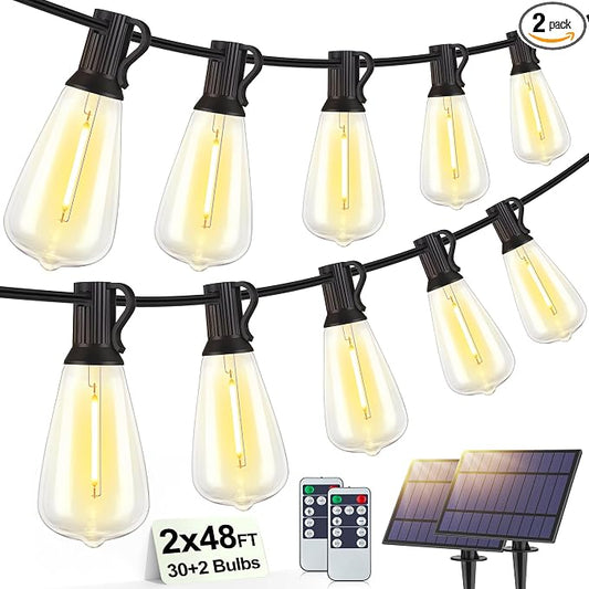 Larkvue 96FT(2x48FT) Solar Outdoor String Lights with Remote & Timer, Dimmable Patio Lights with 30+2 Shatterproof ST38 LED Bulbs for Outside-Black